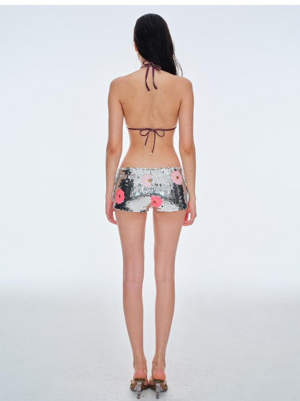 BUM STUDIO Silver Sequin Floral Low Waist Hip Hugging Women's Polyester Skorts