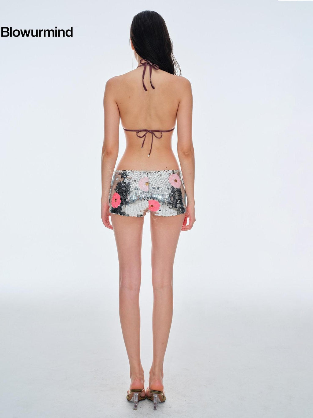 BUM STUDIO Silver Sequin Floral Low Waist Hip Hugging Women's Polyester Skorts