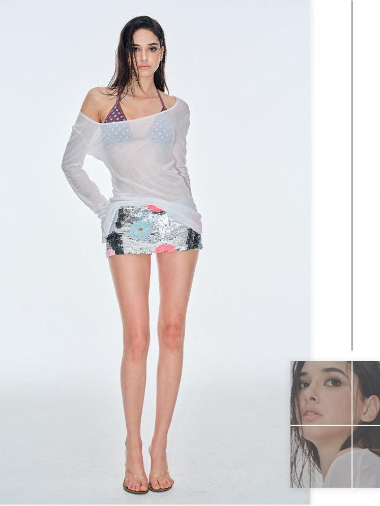 BUM STUDIO Silver Sequin Floral Low Waist Hip Hugging Women's Polyester Skorts