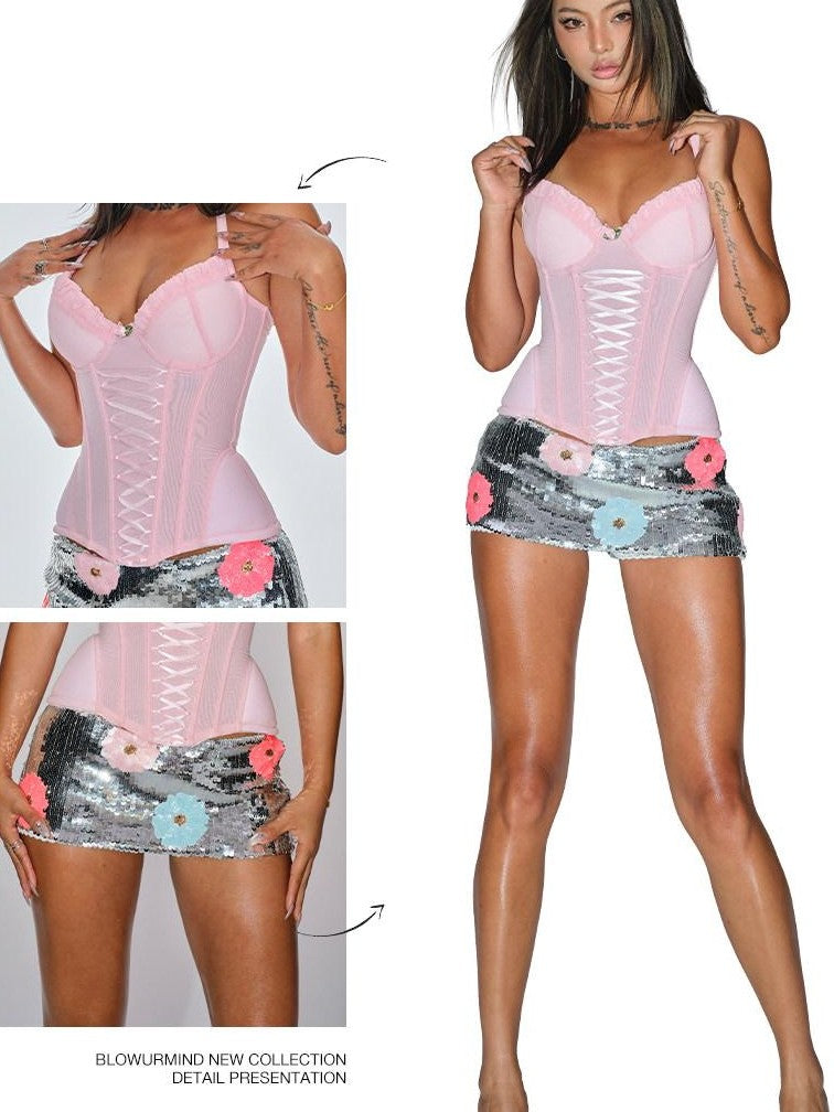 BUM STUDIO Silver Sequin Floral Low Waist Hip Hugging Women's Polyester Skorts