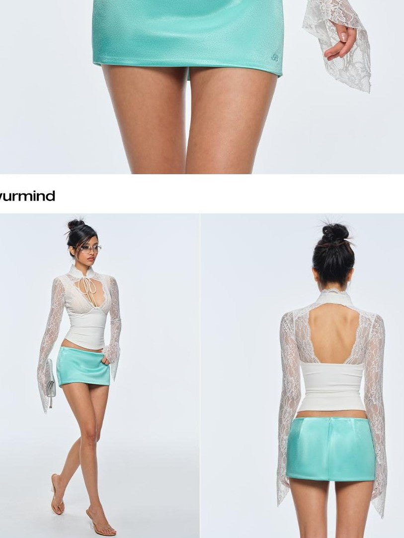 BUM STUDIO Slim Fit Cutout Long Sleeve Stand Collar Multi Panel New Chinese Style Women's Lace Blouses