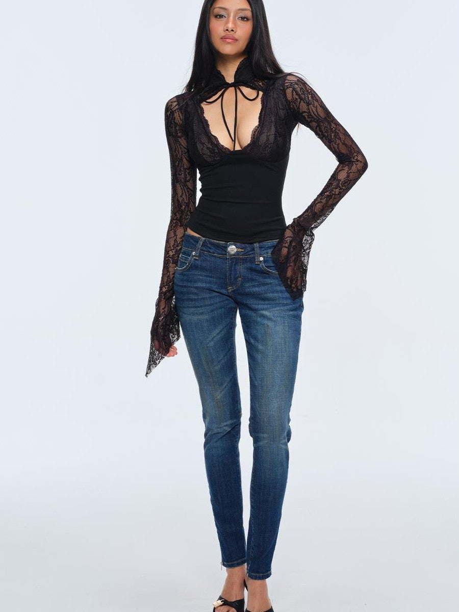 BUM STUDIO Slim Fit Cutout Long Sleeve Stand Collar Multi Panel New Chinese Style Women's Lace Blouses