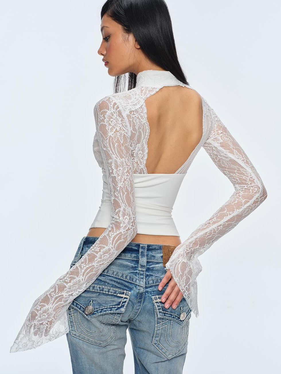 BUM STUDIO Slim Fit Cutout Long Sleeve Stand Collar Multi Panel New Chinese Style Women's Lace Blouses