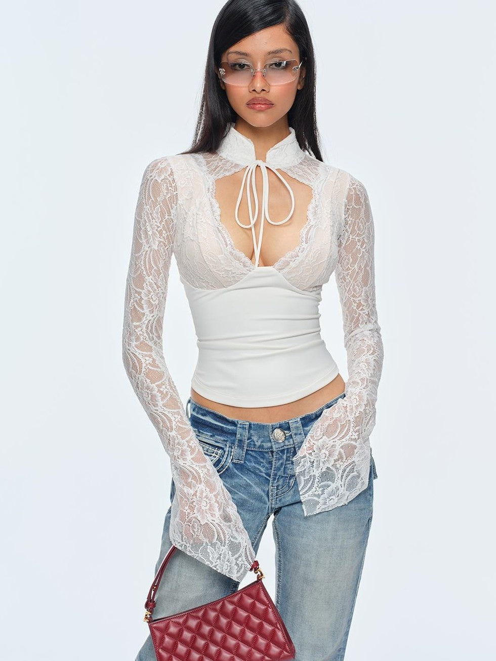 BUM STUDIO Slim Fit Cutout Long Sleeve Stand Collar Multi Panel New Chinese Style Women's Lace Blouses
