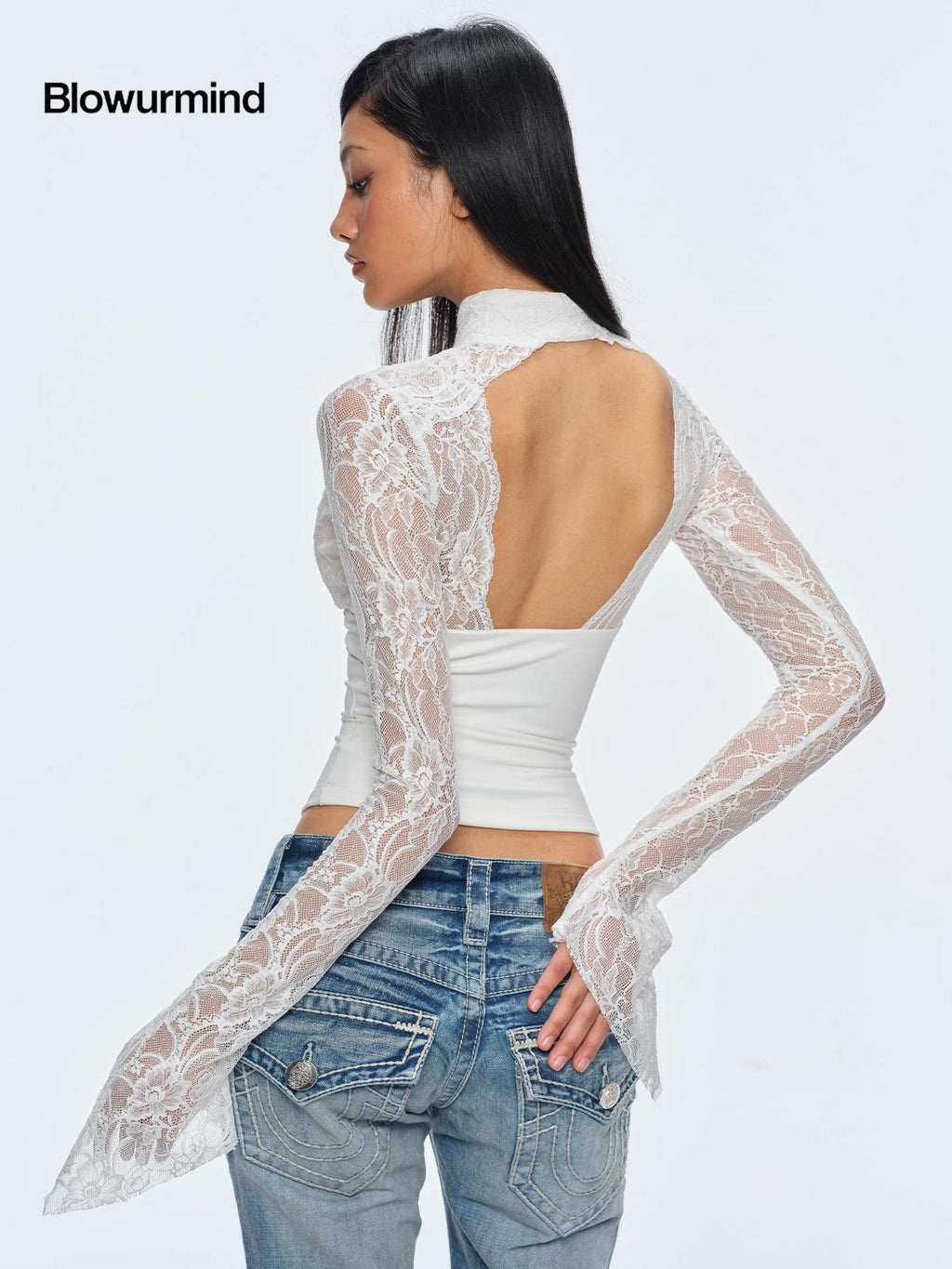 BUM STUDIO Slim Fit Cutout Long Sleeve Stand Collar Multi Panel New Chinese Style Women's Lace Blouses