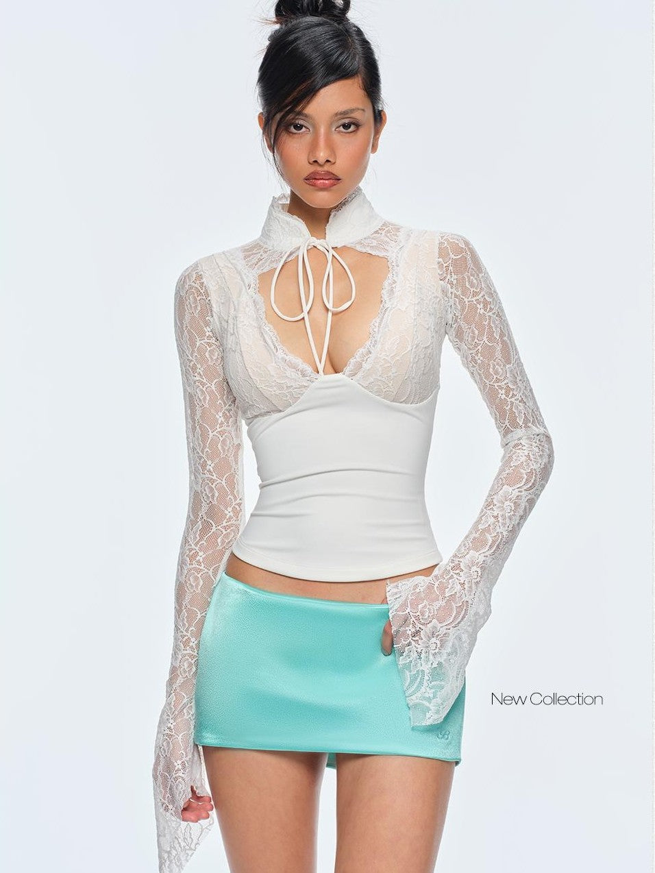 BUM STUDIO Slim Fit Cutout Long Sleeve Stand Collar Multi Panel New Chinese Style Women's Lace Blouses