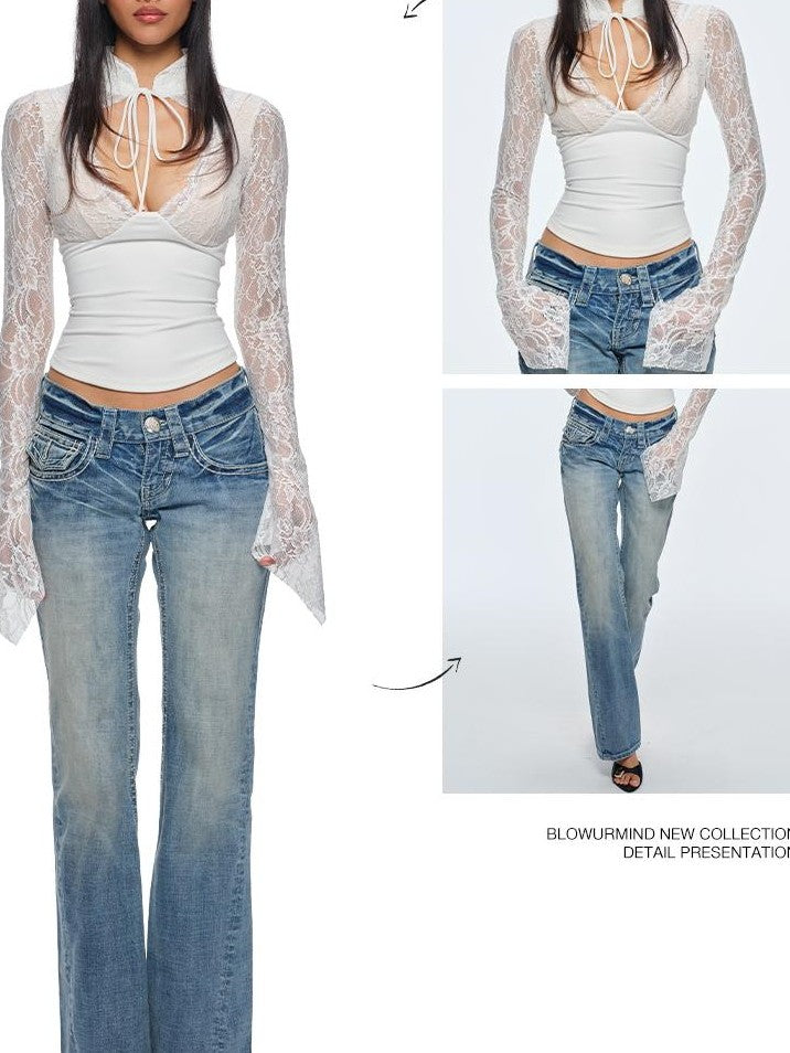 BUM STUDIO Slim Fit Cutout Long Sleeve Stand Collar Multi Panel New Chinese Style Women's Lace Blouses