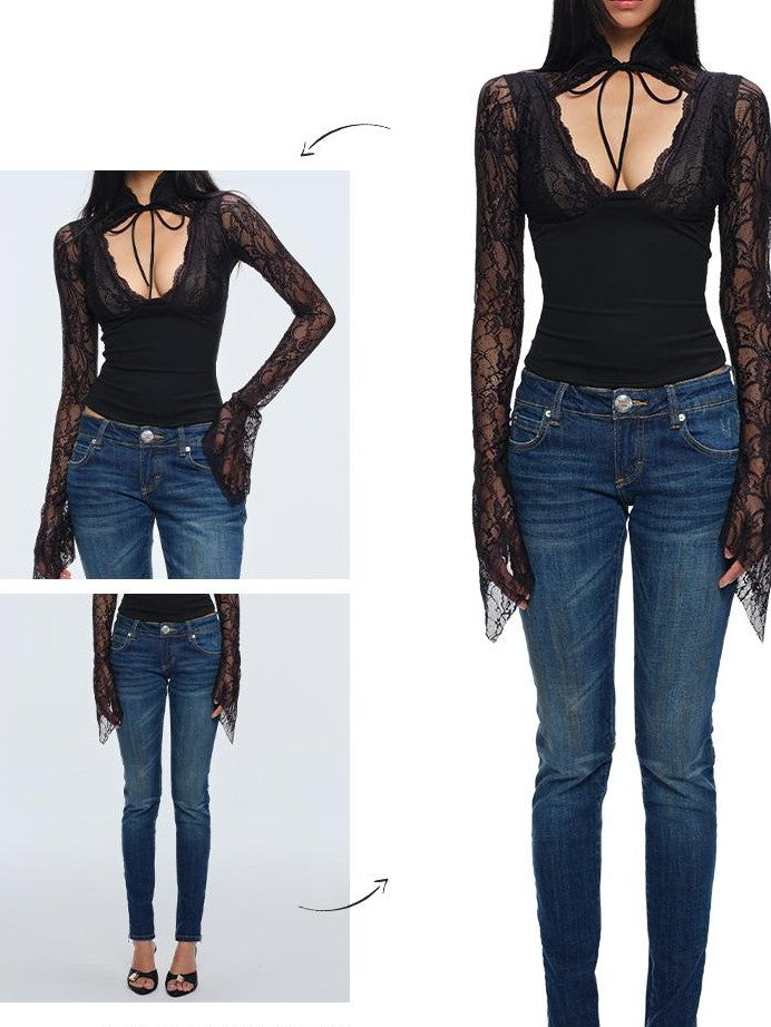 BUM STUDIO Slim Fit Cutout Long Sleeve Stand Collar Multi Panel New Chinese Style Women's Lace Blouses