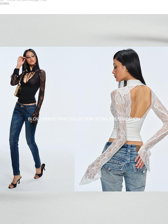 BUM STUDIO Slim Fit Cutout Long Sleeve Stand Collar Multi Panel New Chinese Style Women's Lace Blouses