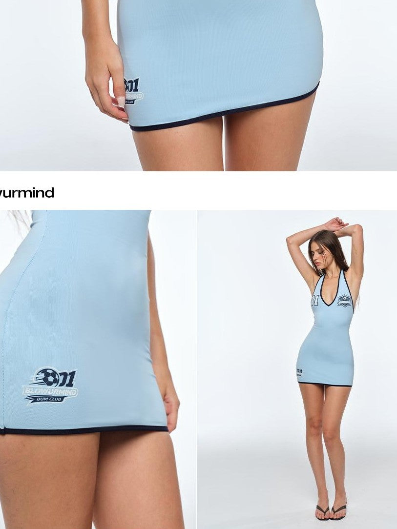 BUM STUDIO Slim Fit V-neck Number Print Nylon Women's Halter Mini Dresses