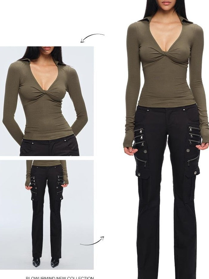 BUM STUDIO Slim Fit V-neck Twist Front Knotted Women's Viscose Long Sleeve T-shirts