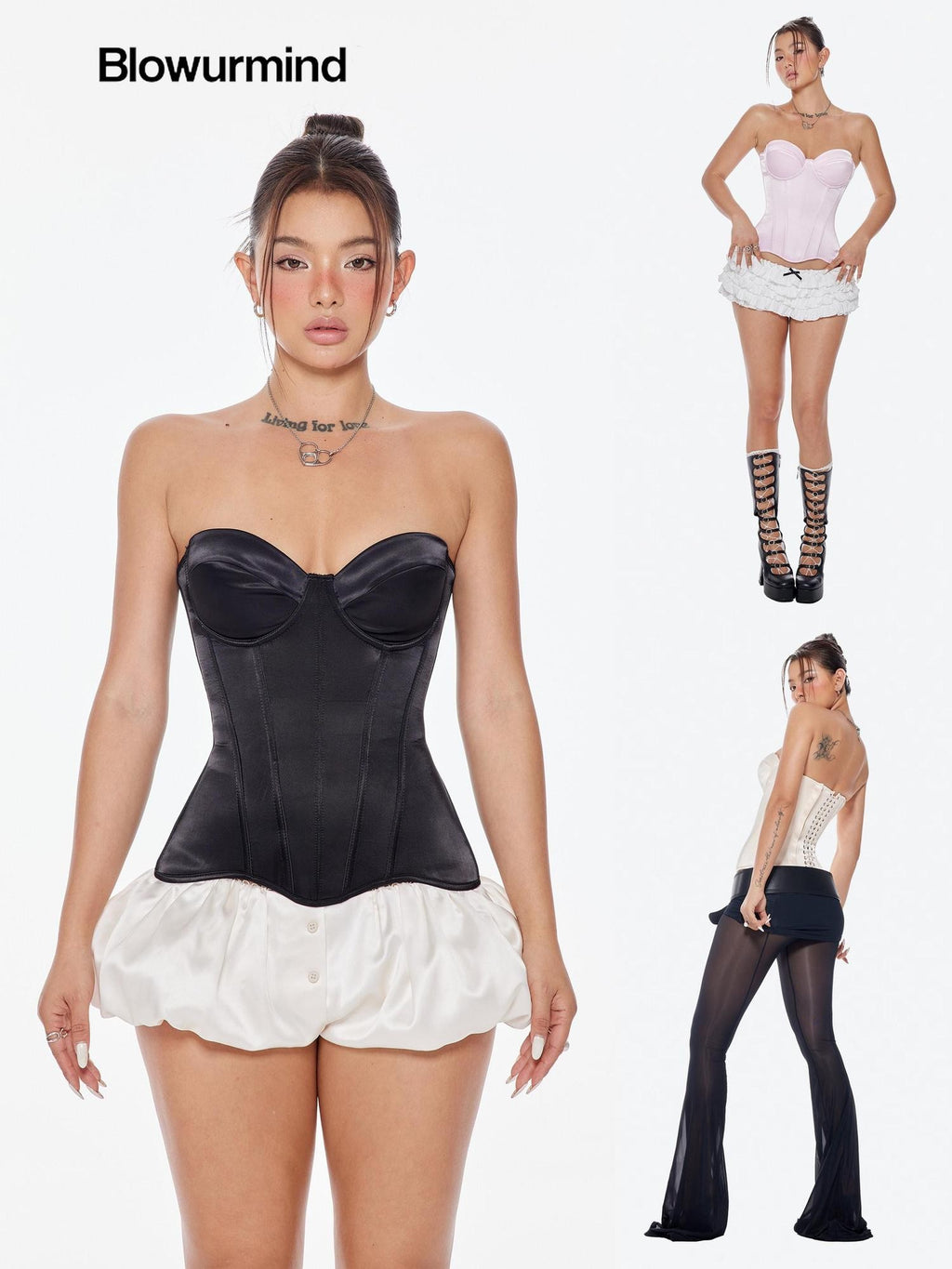 BUM STUDIO Soft Satin Angled Waist Multilayer Boned Straps Women's Corset Camisoles