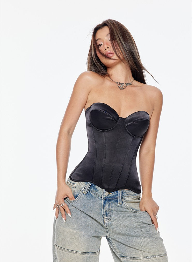 BUM STUDIO Soft Satin Angled Waist Multilayer Boned Straps Women's Corset Camisoles