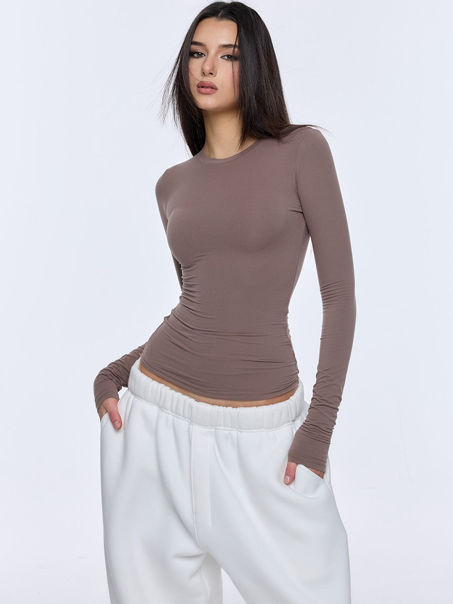BUM STUDIO Solid Double Layer Skinlike 360 Bonded Fitted Women's Nylon Long Sleeve T-shirts