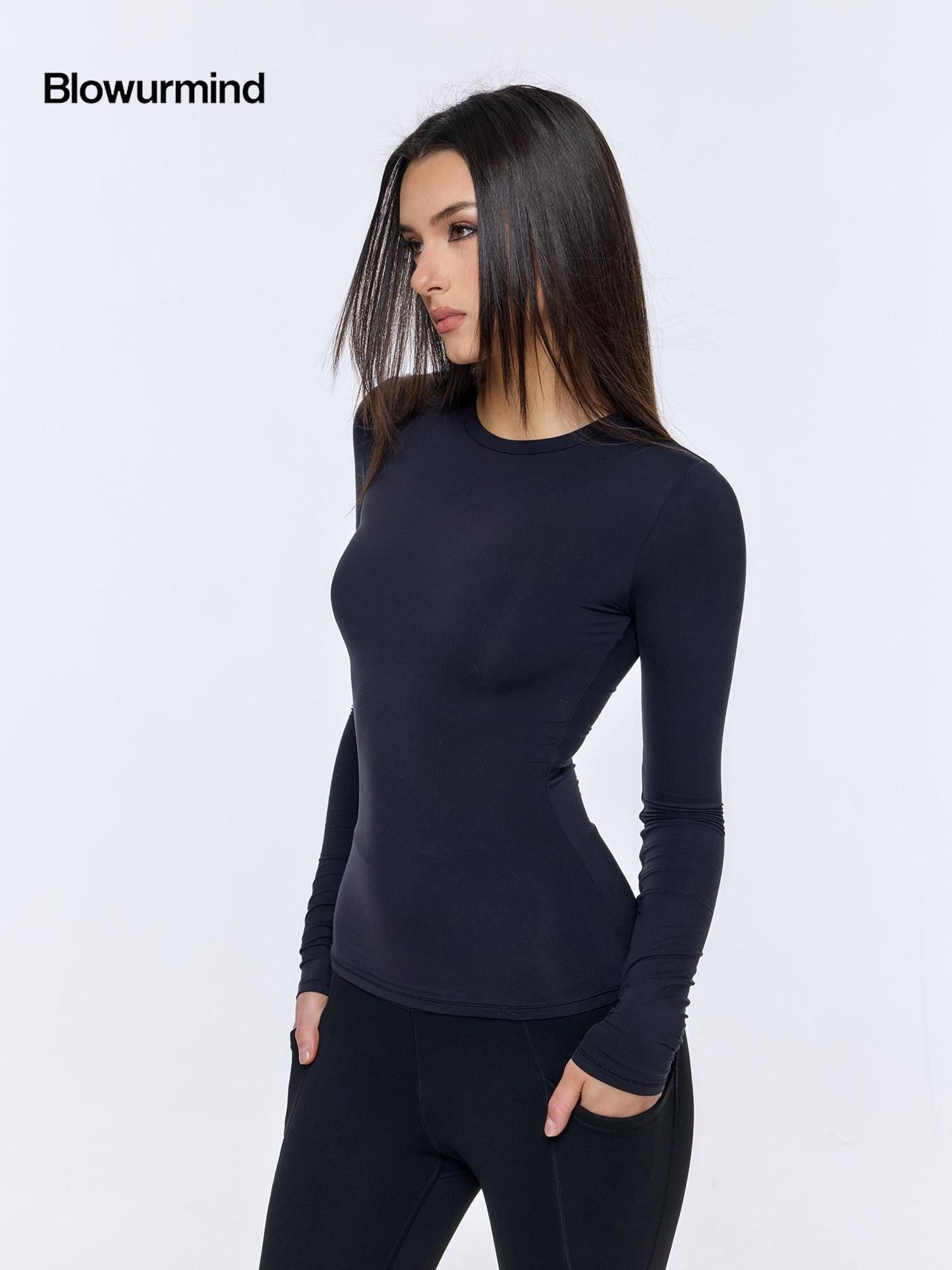 BUM STUDIO Solid Double Layer Skinlike 360 Bonded Fitted Women's Nylon Long Sleeve T-shirts