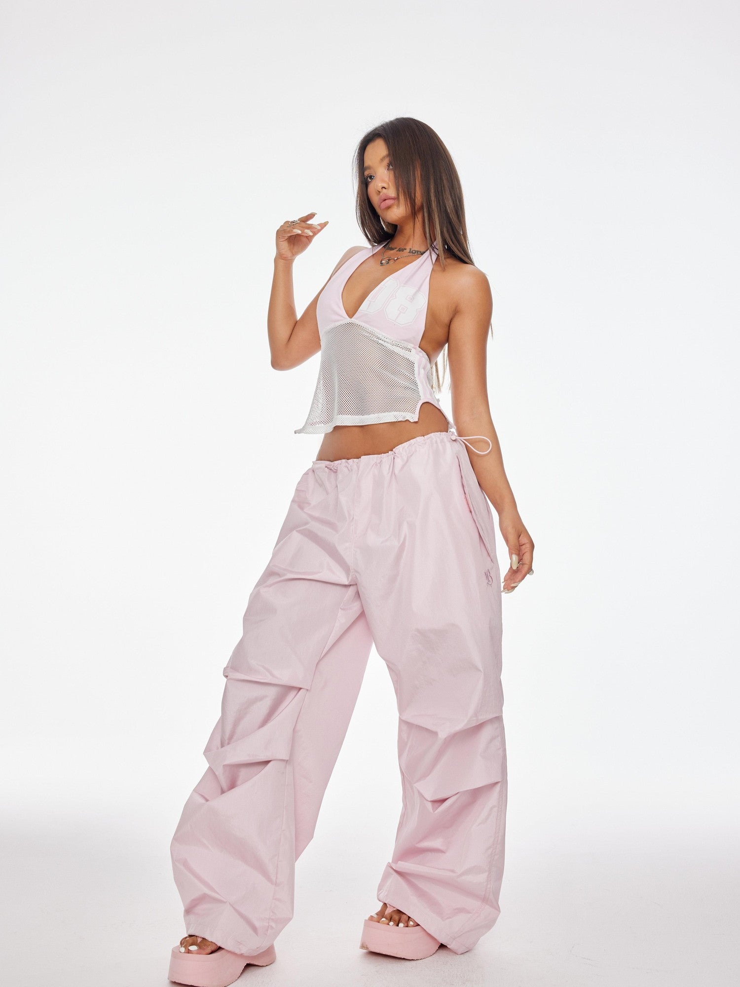 BUM STUDIO Sporty Cheerleader Mesh Splice Padded Women's Cotton Blend Halter Tops