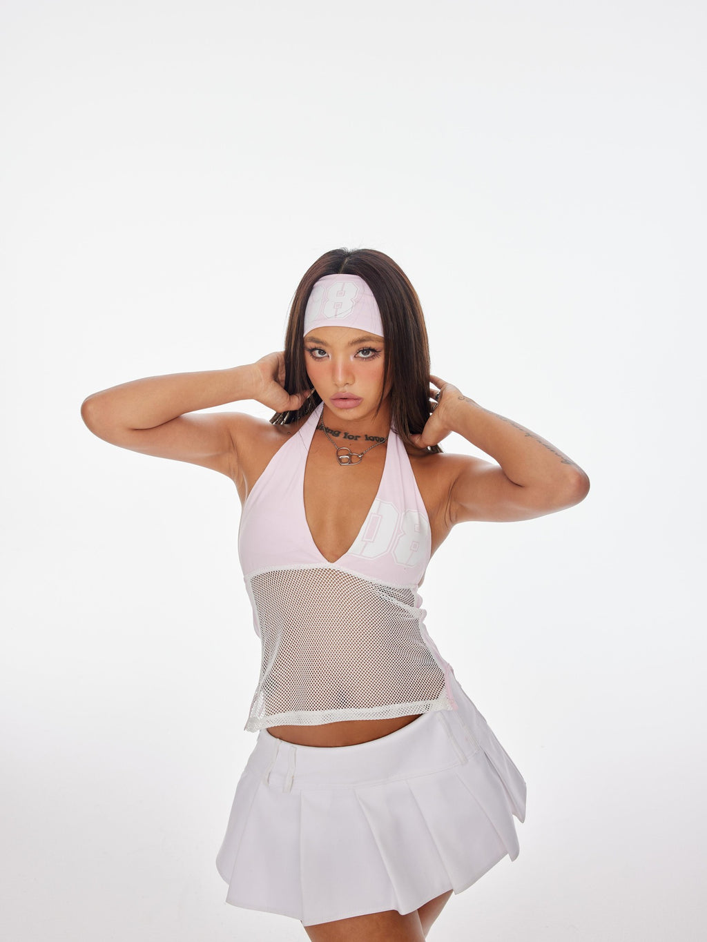 BUM STUDIO Sporty Cheerleader Mesh Splice Padded Women's Cotton Blend Halter Tops