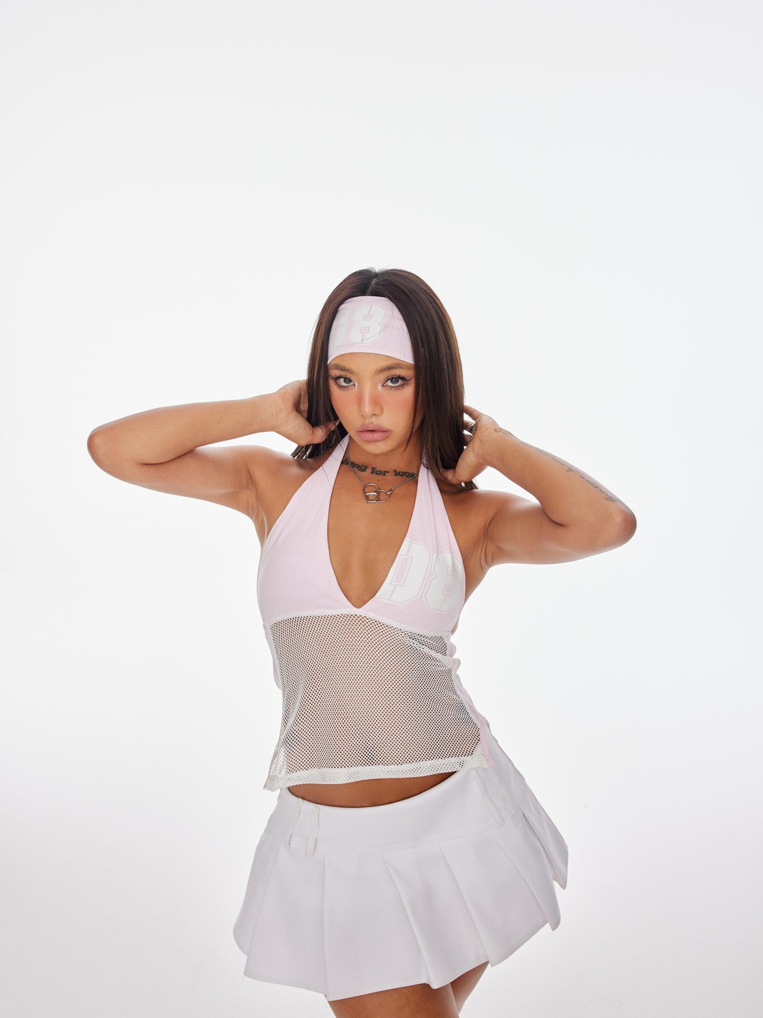 BUM STUDIO Sporty Cheerleader Mesh Splice Padded Women's Cotton Blend Halter Tops
