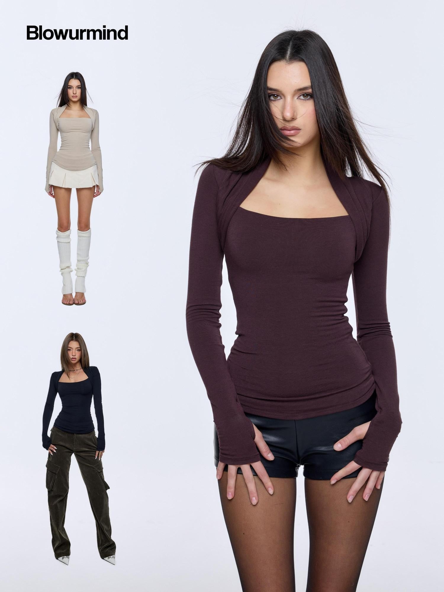 BUM STUDIO Square Shoulder Boatneck Faux Layered Slim Fit Women's Wool Long Sleeve T-shirts