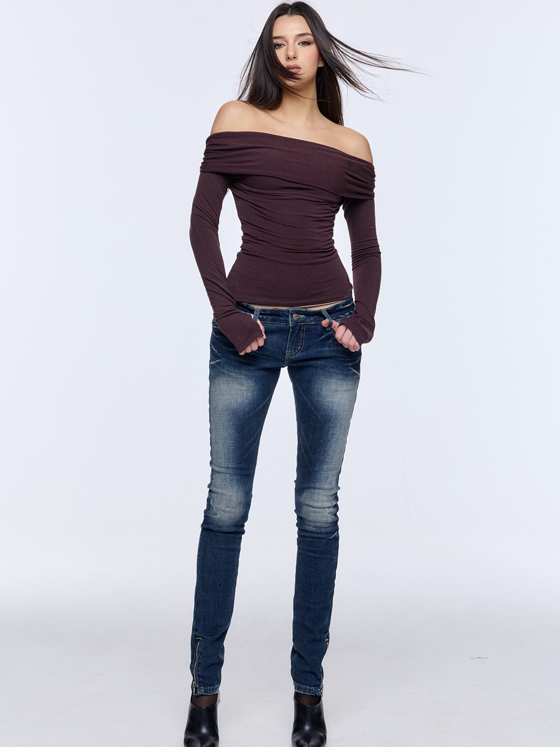 BUM STUDIO Square Shoulder Boatneck Faux Layered Slim Fit Women's Wool Long Sleeve T-shirts