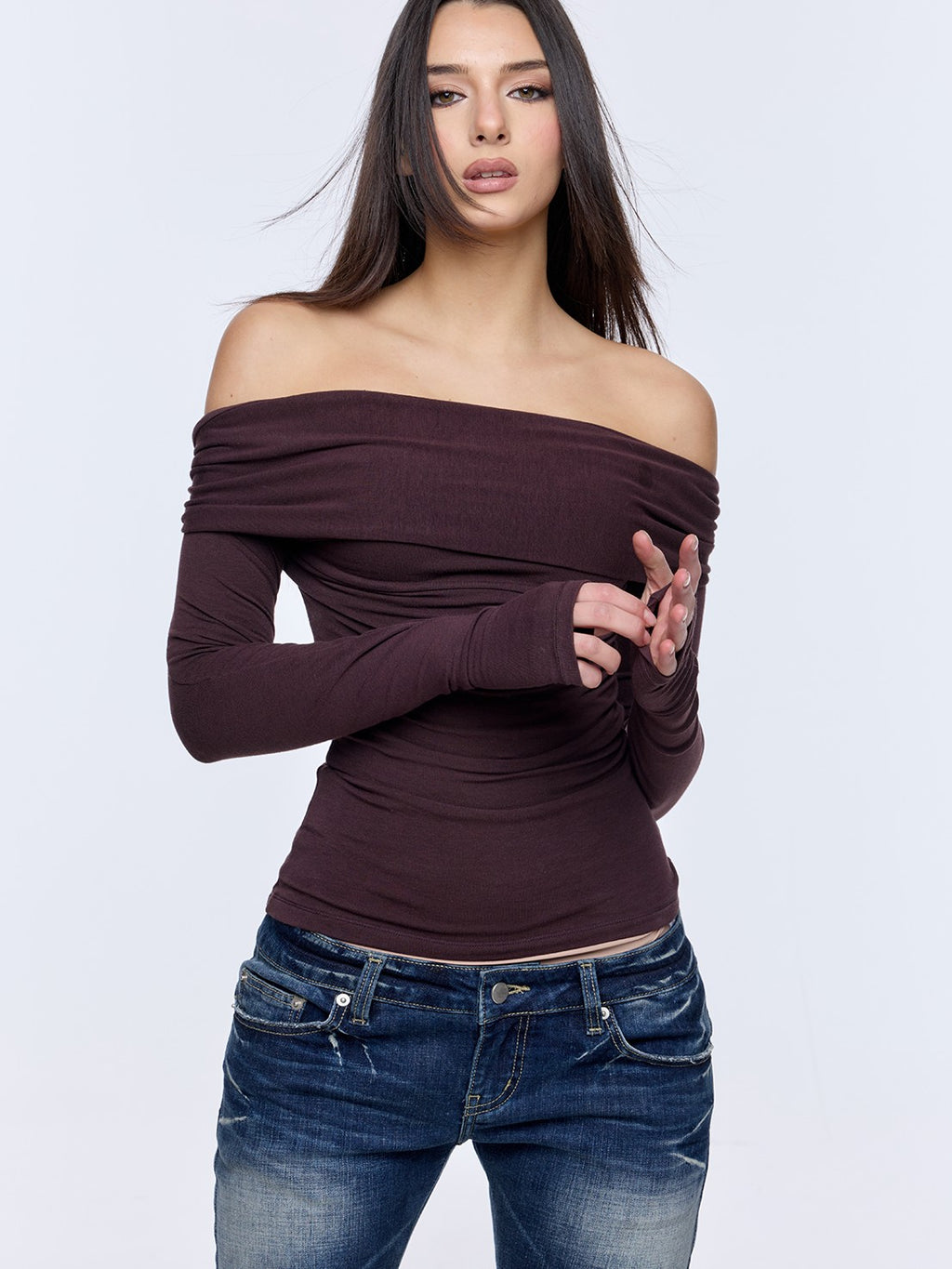 BUM STUDIO Square Shoulder Boatneck Faux Layered Slim Fit Women's Wool Long Sleeve T-shirts