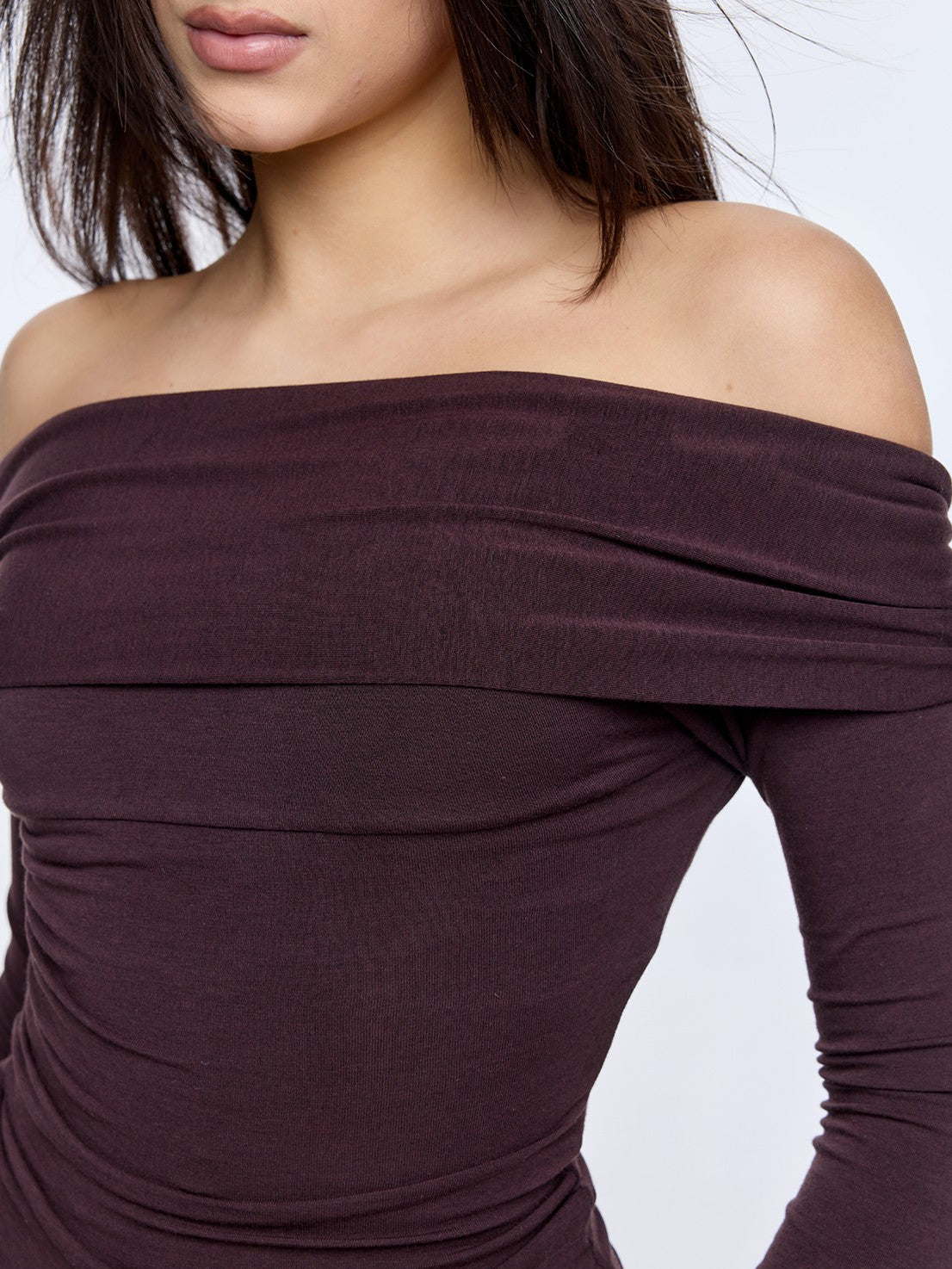 BUM STUDIO Square Shoulder Boatneck Faux Layered Slim Fit Women's Wool Long Sleeve T-shirts