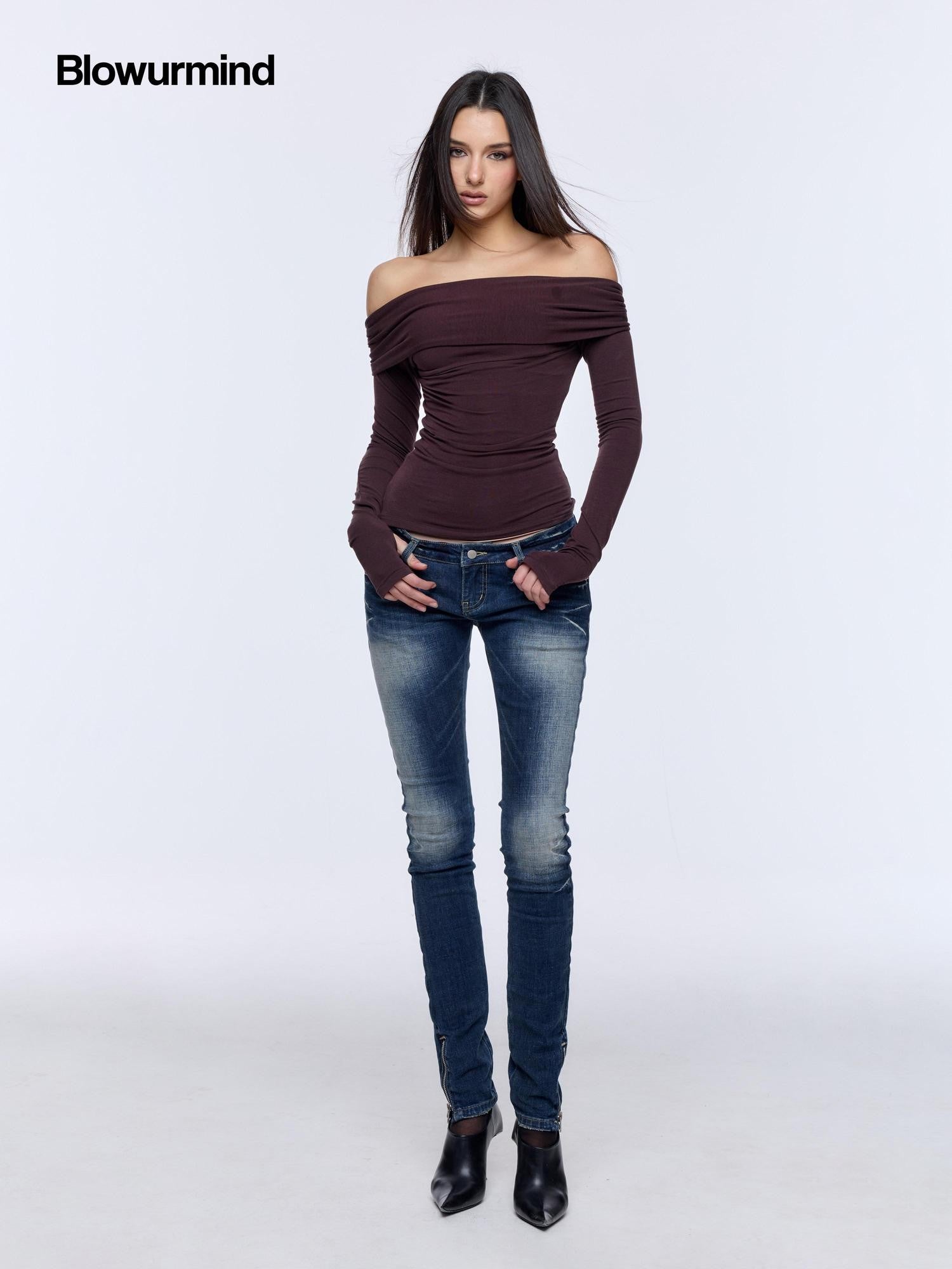 BUM STUDIO Square Shoulder Boatneck Faux Layered Slim Fit Women's Wool Long Sleeve T-shirts