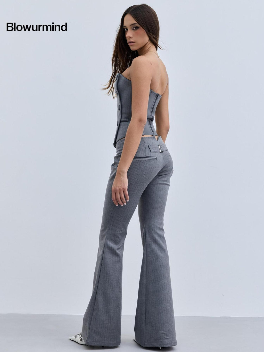 BUM STUDIO Striped Contour Tailored Low Waist Women's Polyester Cotton Stretch Flare Pants