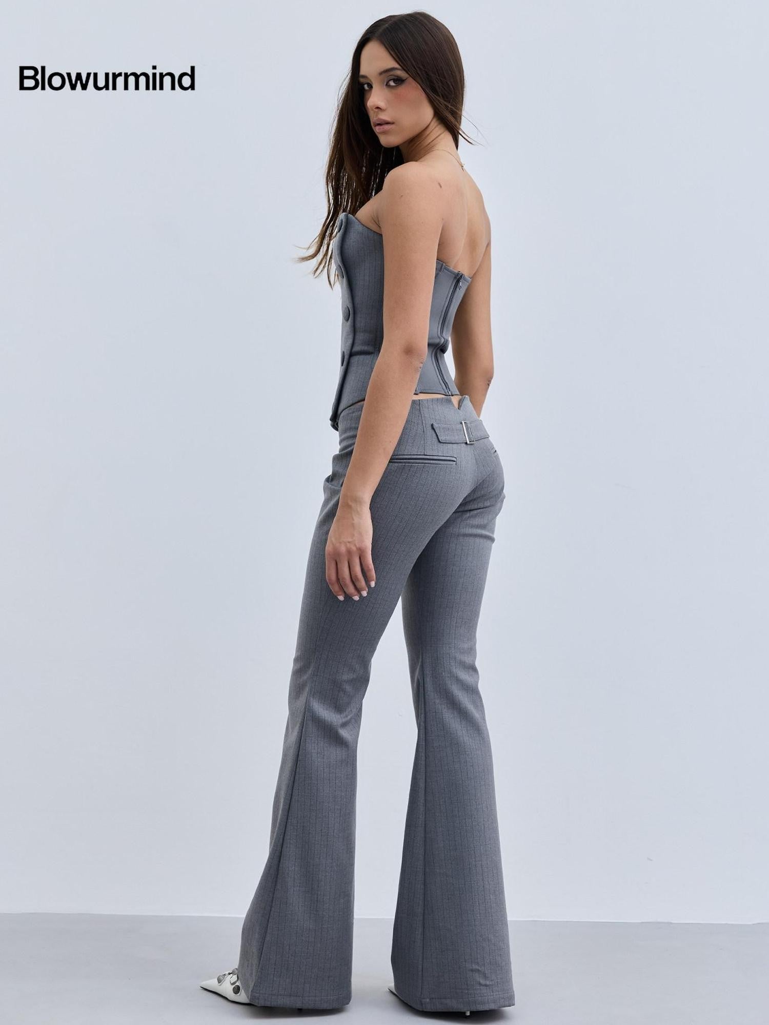 BUM STUDIO Striped Contour Tailored Low Waist Women's Polyester Cotton Stretch Flare Pants