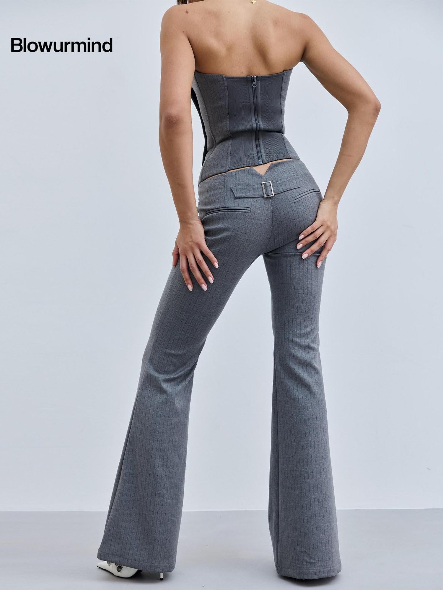 BUM STUDIO Striped Contour Tailored Low Waist Women's Polyester Cotton Stretch Flare Pants