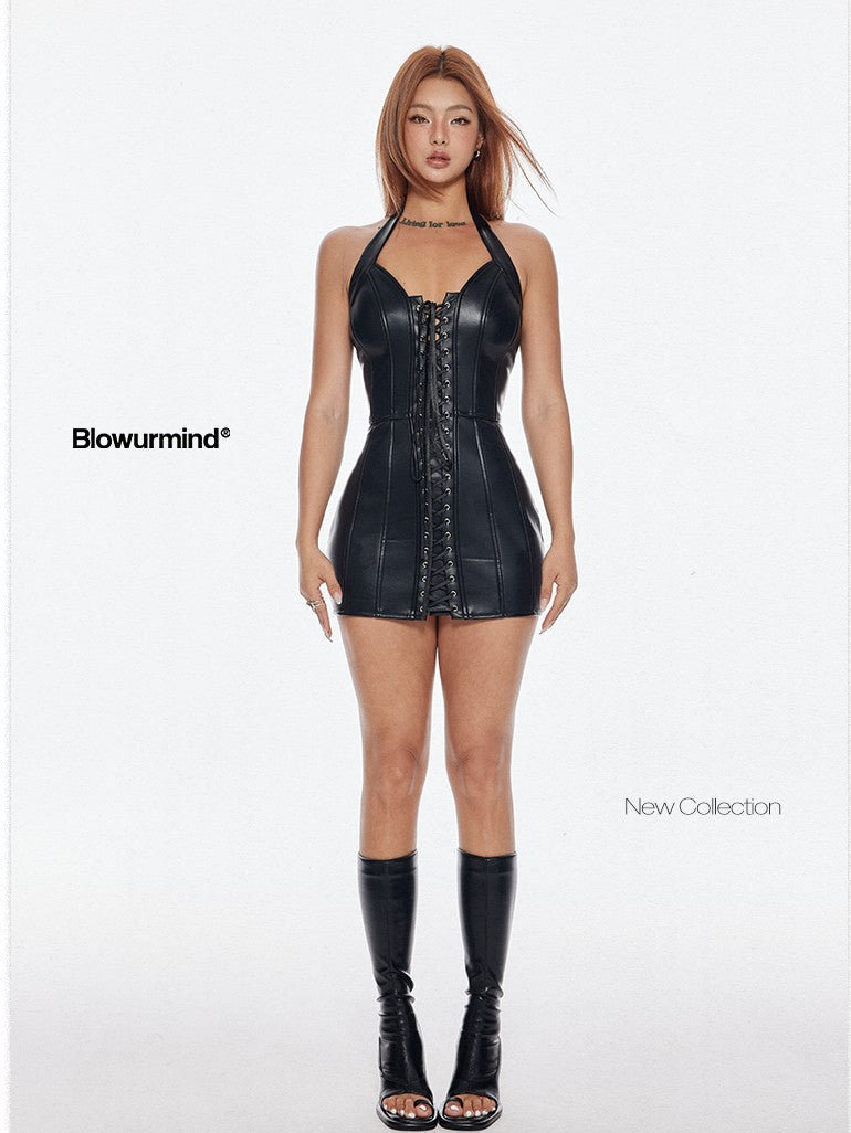 BUM STUDIO Structured Composite Waist Cinching Tie Women's Pu Leather Bodycon Mini Dresses