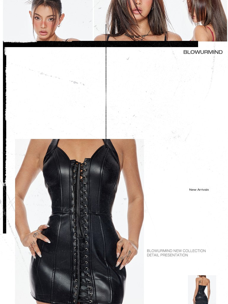 BUM STUDIO Structured Composite Waist Cinching Tie Women's Pu Leather Bodycon Mini Dresses