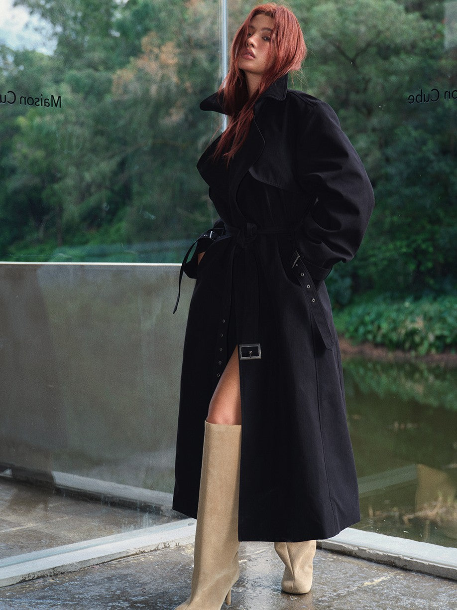 BUM STUDIO Structured Notch Lapel Tie Belt Double Breasted Women's Cotton Trench Coats