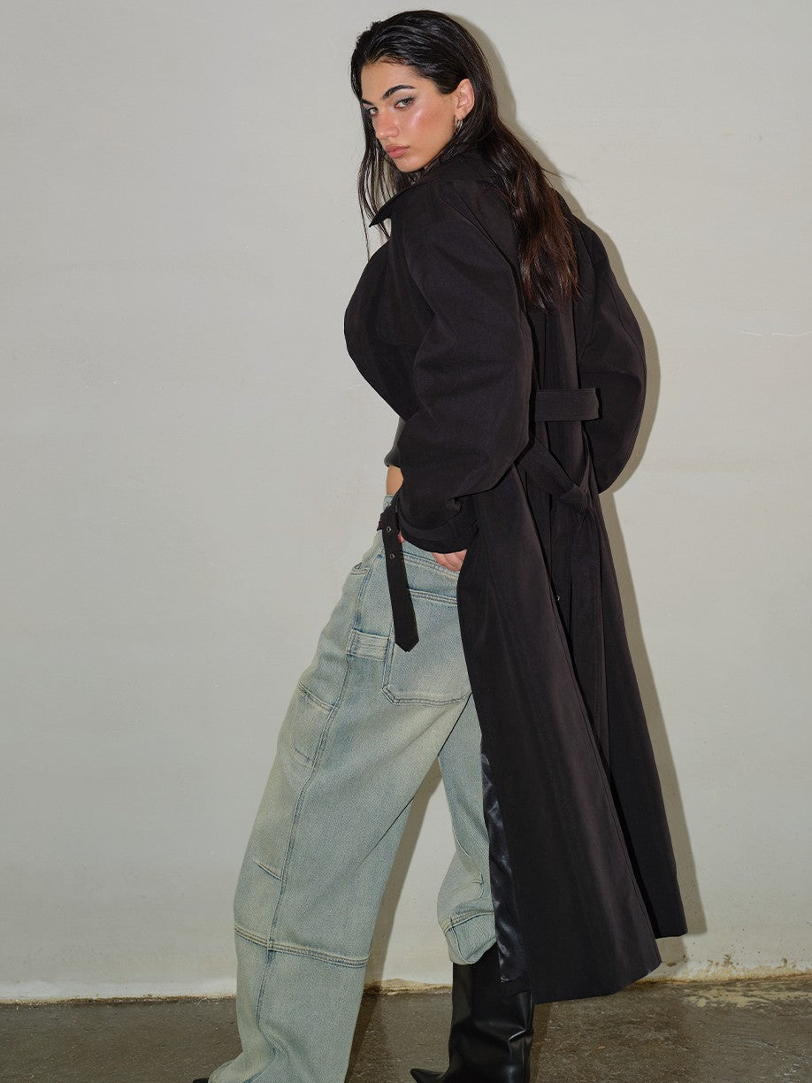 BUM STUDIO Structured Notch Lapel Tie Belt Double Breasted Women's Cotton Trench Coats