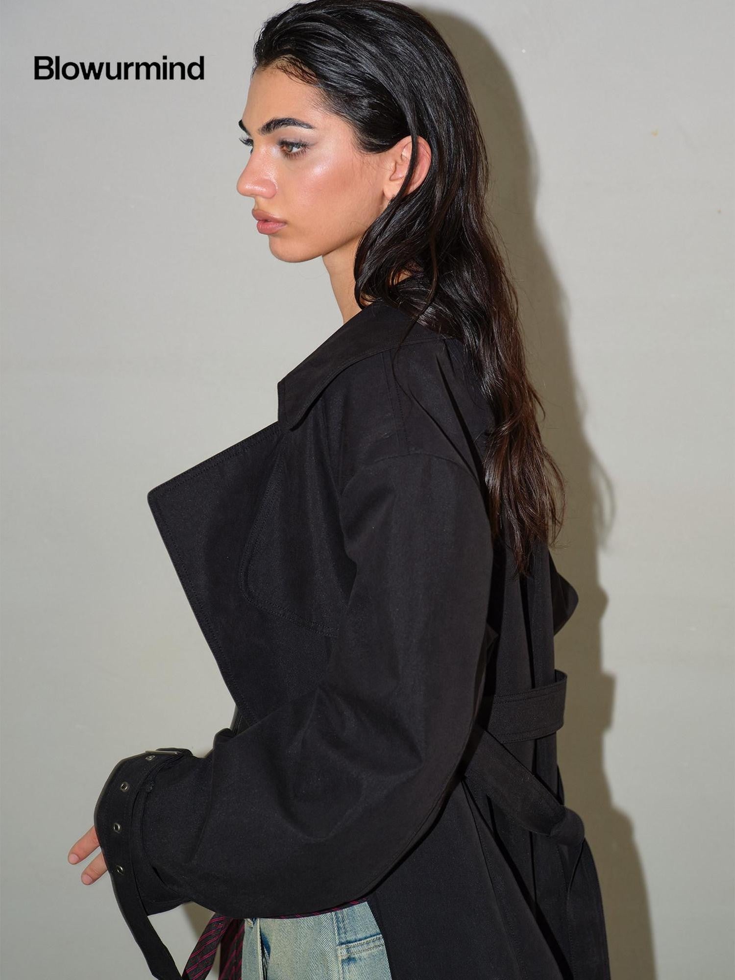 BUM STUDIO Structured Notch Lapel Tie Belt Double Breasted Women's Cotton Trench Coats