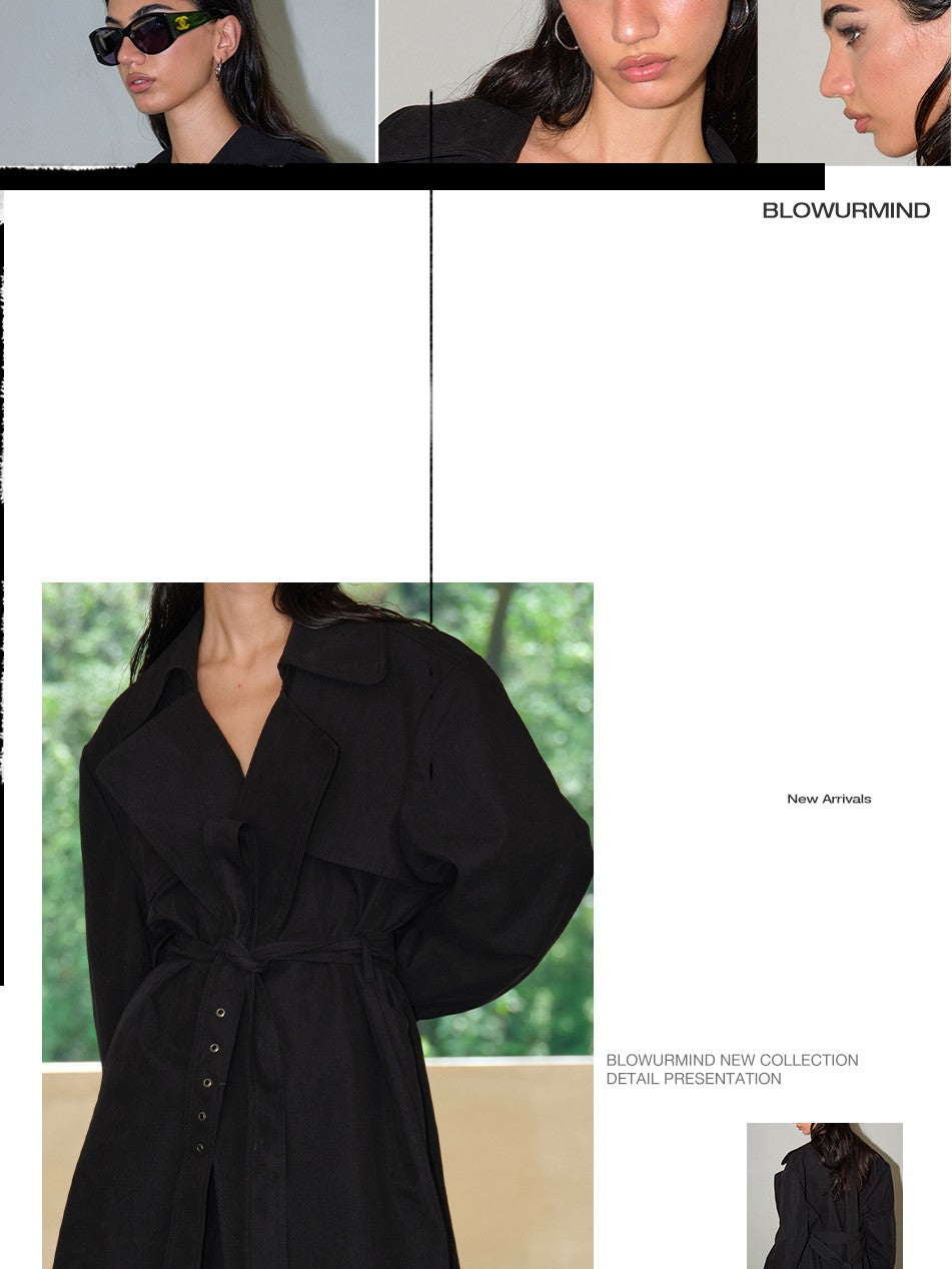 BUM STUDIO Structured Notch Lapel Tie Belt Double Breasted Women's Cotton Trench Coats