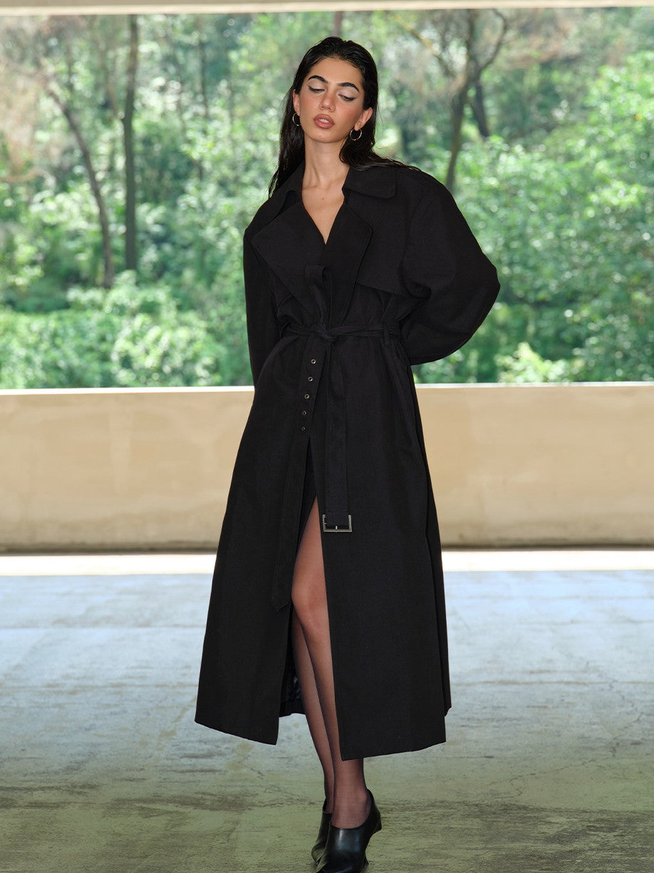 BUM STUDIO Structured Notch Lapel Tie Belt Double Breasted Women's Cotton Trench Coats