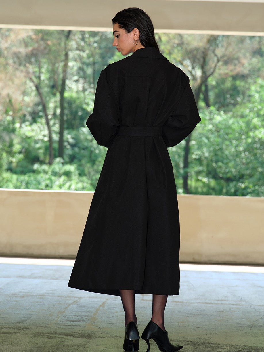 BUM STUDIO Structured Notch Lapel Tie Belt Double Breasted Women's Cotton Trench Coats