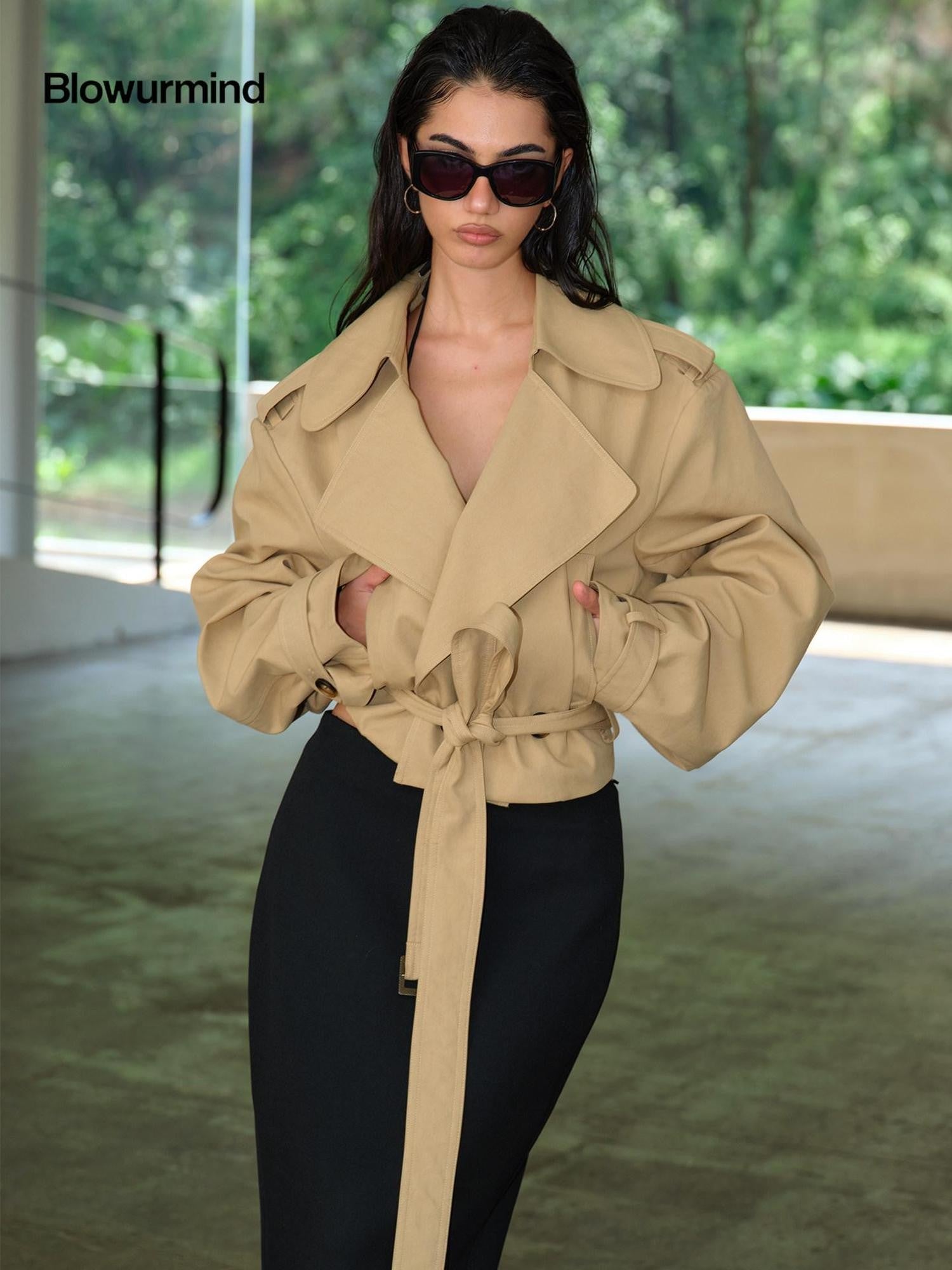 BUM STUDIO Structured Oversized Lapel Cinched Waist Short Women's Cotton Blend Trench Coats