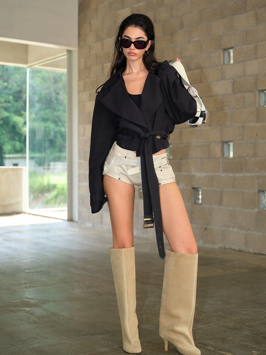 BUM STUDIO Structured Oversized Lapel Cinched Waist Short Women's Cotton Blend Trench Coats