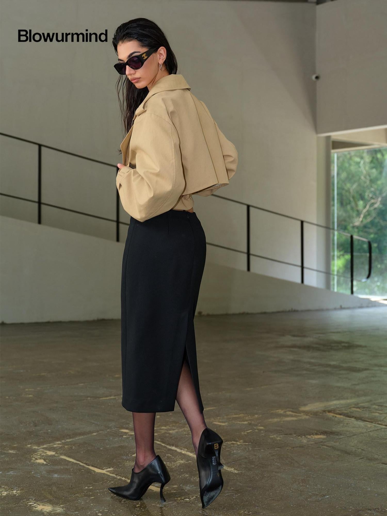 BUM STUDIO Structured Oversized Lapel Cinched Waist Short Women's Cotton Blend Trench Coats