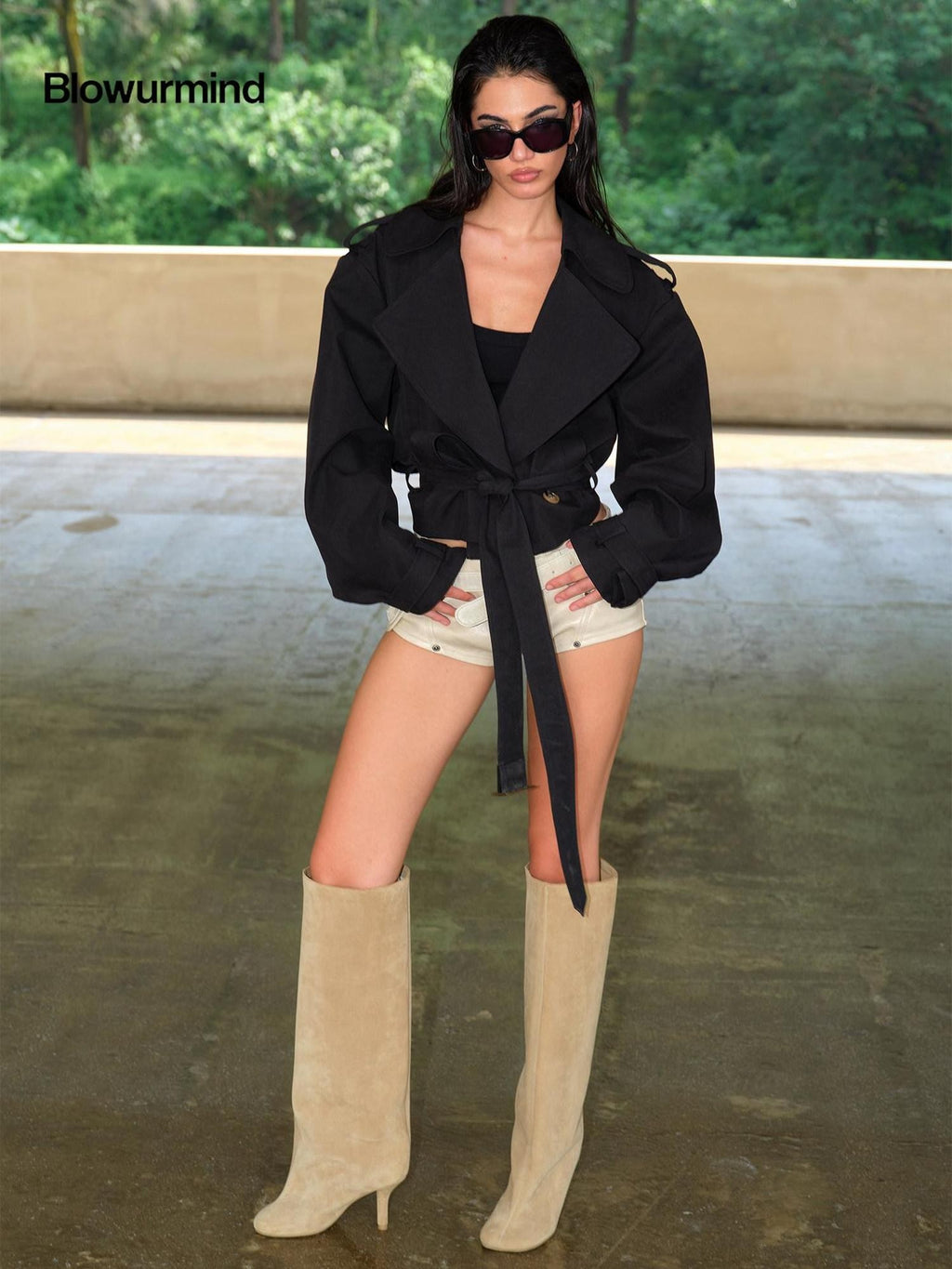 BUM STUDIO Structured Oversized Lapel Cinched Waist Short Women's Cotton Blend Trench Coats