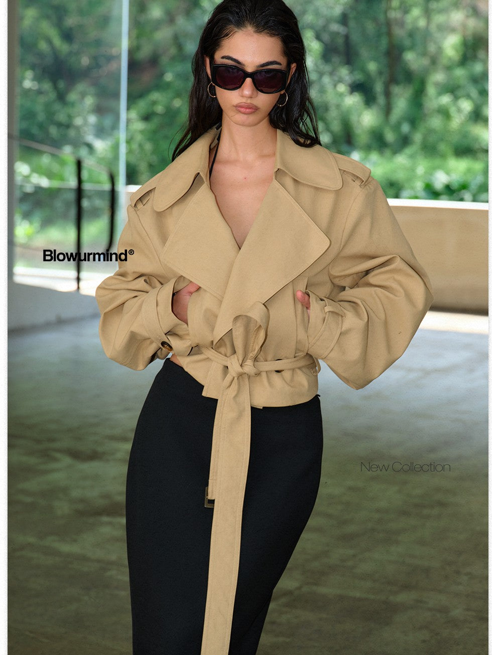 BUM STUDIO Structured Oversized Lapel Cinched Waist Short Women's Cotton Blend Trench Coats