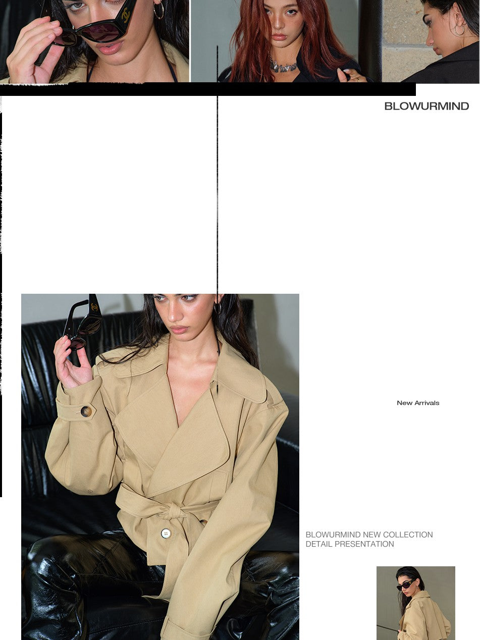 BUM STUDIO Structured Oversized Lapel Cinched Waist Short Women's Cotton Blend Trench Coats