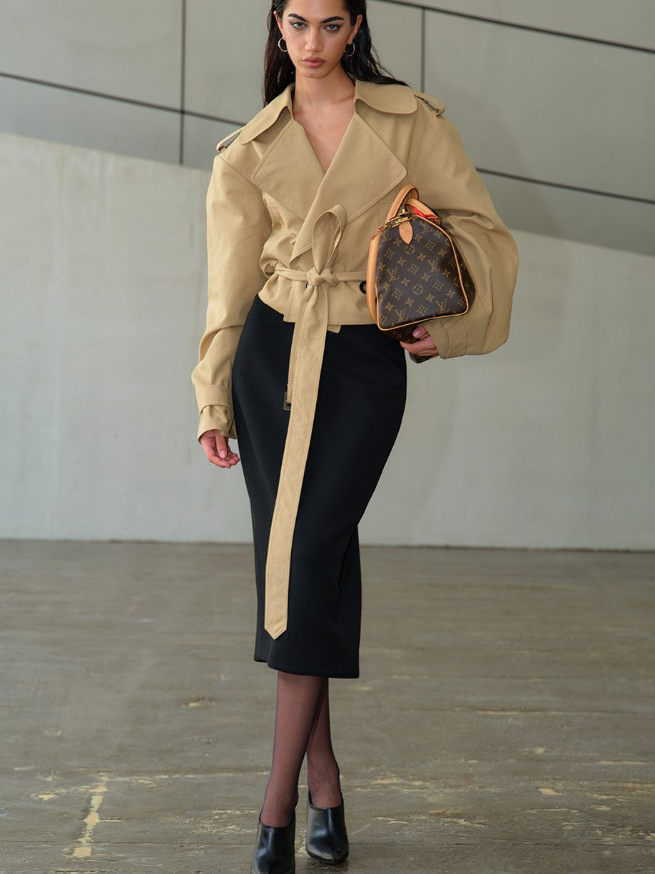 BUM STUDIO Structured Oversized Lapel Cinched Waist Short Women's Cotton Blend Trench Coats