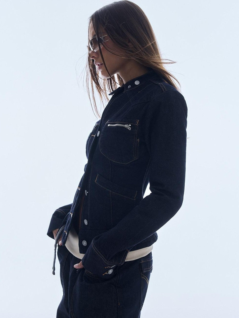 BUM STUDIO Structured Paneled Waist Cinched Slim X Line Women's Cotton Blend Denim Jackets