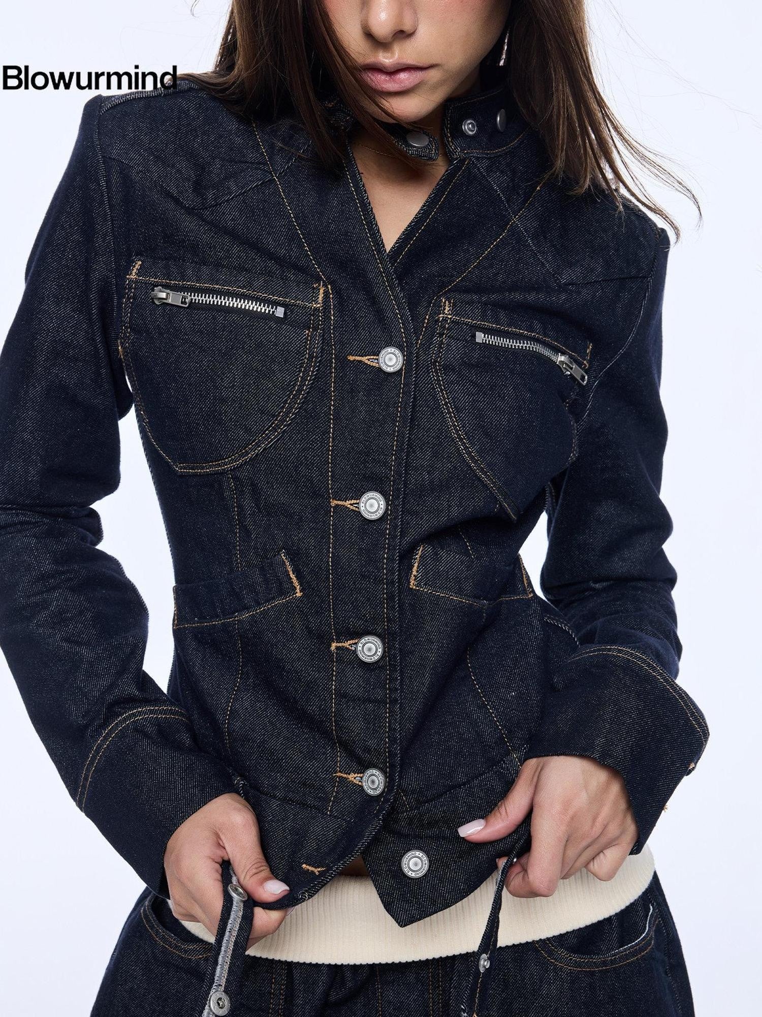 BUM STUDIO Structured Paneled Waist Cinched Slim X Line Women's Cotton Blend Denim Jackets