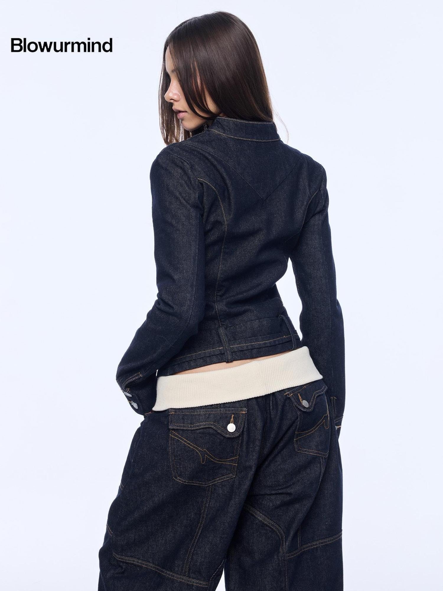 BUM STUDIO Structured Paneled Waist Cinched Slim X Line Women's Cotton Blend Denim Jackets