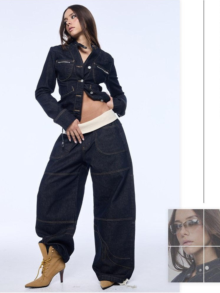 BUM STUDIO Structured Paneled Waist Cinched Slim X Line Women's Cotton Blend Denim Jackets