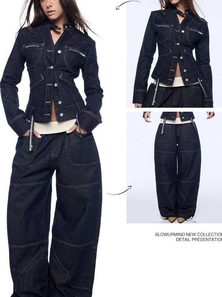 BUM STUDIO Structured Paneled Waist Cinched Slim X Line Women's Cotton Blend Denim Jackets